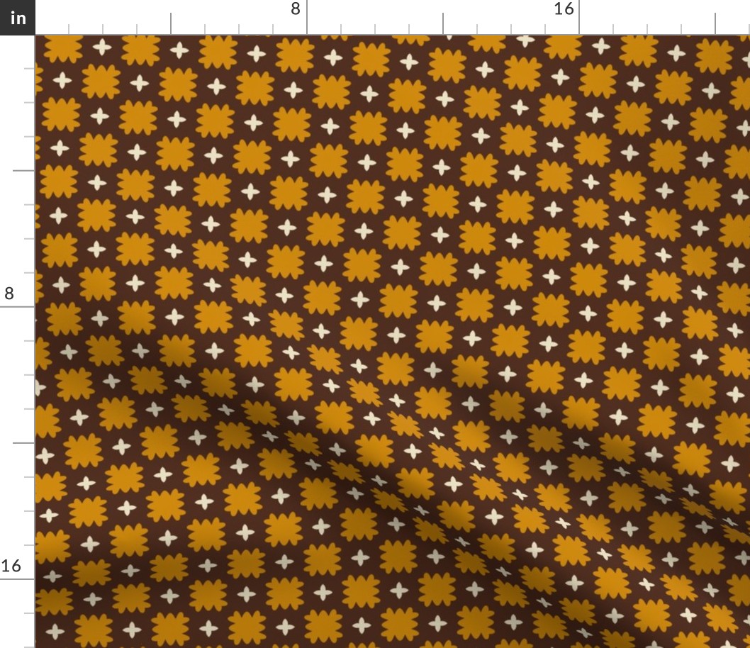 Square Dance // medium print // Adorable Ruffled Golden Yellow Squares and Twinkling Stars on Dark Brown