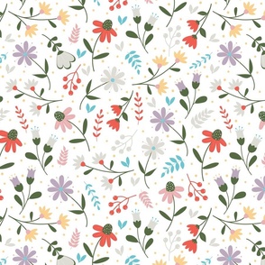 Small / Summer Has Arrived - Red Olive Green Purple Botanical Florals Flowers Wallpaper Nature Daisies Pastel Colors 