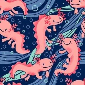 Axolotl World Salamander Pink Navy Underwater with Bubbles and Waves