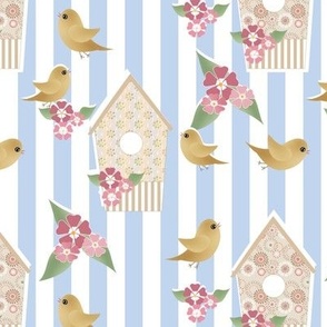 Cute spring pattern with striped birds and birdhouses pattern