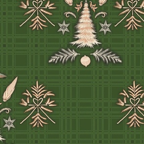 Natural Christmas Decorations on Muted  Plaid Background - Minimal - With Shadow