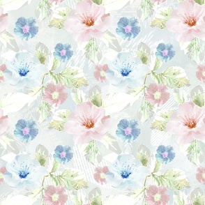 Pink, blue flowers on a light gray background. Watercolor floral pattern.