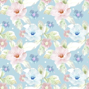 Pink, blue flowers on a light blue background. Watercolor floral pattern.