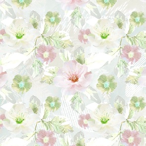 Pink, green flowers on a light background. Watercolor floral pattern.