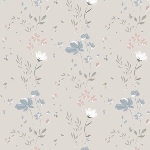 (m) wavy trailing florals | blue, pink & white flowers on warm neutral beige | medium scale