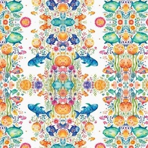 Seamless watercolor pattern featuring fish and flowers