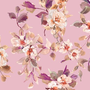 Romantic Serenade Floral Blooms Plum Leaves - Dusty Pink