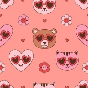 groovy cat, bear, hearts for Valentine Day