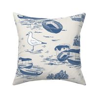 Blue Toile Vintage Lake House with Boats Nautical classic nursery wallpaper