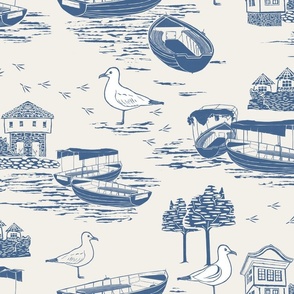 Blue Toile Vintage Lake House with Boats Nautical classic nursery wallpaper