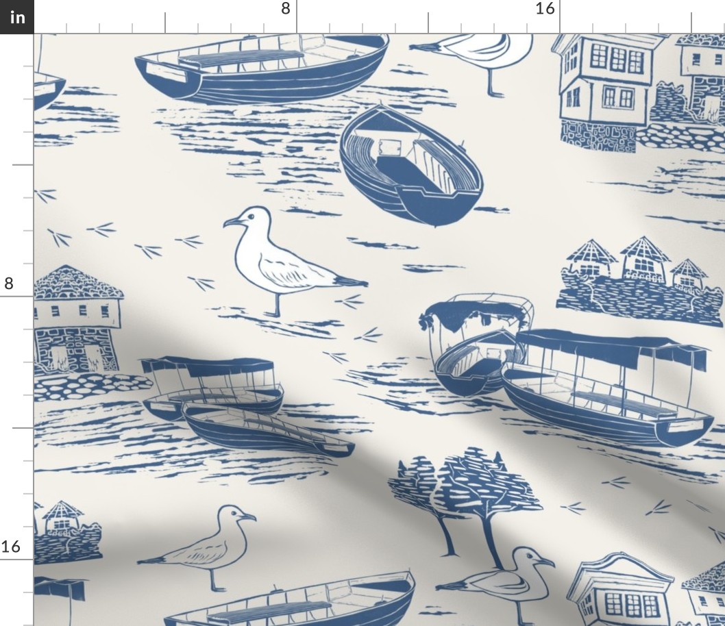 Blue Toile Vintage Lake House with Boats Nautical classic nursery wallpaper