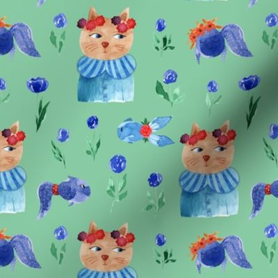 M,Funny Cat,Cute Fish,Roses - Celadon, Carolina Blue, Orange