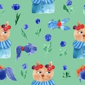 M,Funny Cat,Cute Fish,Roses - Celadon, Carolina Blue, Orange