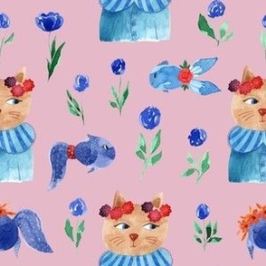 M, Funny Cat,Cute Fish,Roses - Cameo Pink, Carolina Blue, Sea Green
