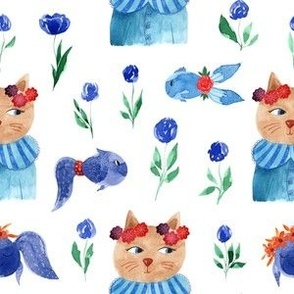 M, Funny Cat,Cute Fish,Roses - Pure White, Carolina Blue, Sea Green