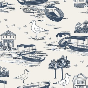 Linocut Lake House with Boats Toile de Jouy navy on cream classic nursery wallpaper