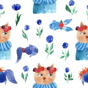  Jumbo,Funny Cat,Cute Fish,Roses - Pure White, Carolina Blue, Sea Green