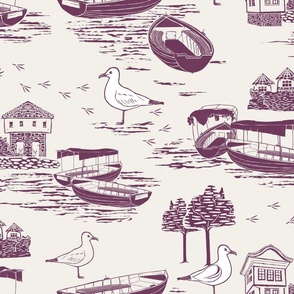 Toile de Jouy Lake House with Boats deep plum on cream classic nursery kids room wallpaper