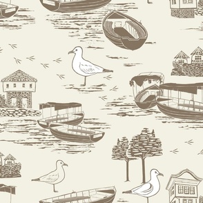 Linocut Lake House with Boats Toile de Jouy maroon on cream classic nursery wallpaper
