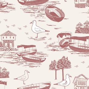 Linocut Lake House with Boats Toile de Jouy rose on cream classic nursery wallpaper