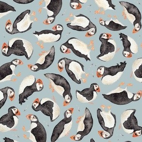 Hand painted watercolour puffins (blue)