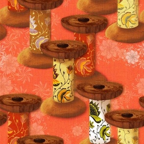 Medium 12” repeat Vintage heritage wooden spool bobbins handdrawn with fabric patterned insert on faux woven texture with handdrawn delicate whimsical flowers on Deep coral