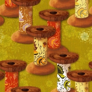Medium 12” repeat Vintage heritage wooden spool bobbins handdrawn with fabric patterned insert on faux woven texture with handdrawn delicate whimsical flowers on deep citrine green