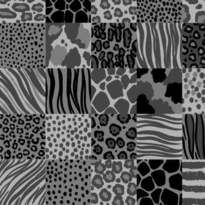 Black and Gray Animal Prints Cheater Quilt Including Zebra Stripes, Leopard Spots, Cheetah Dots, Giraffe Pattern and More