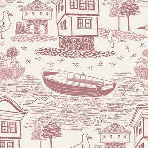 (L) Linocut Lake House with Boat Toile classic nursery wallpaper LARGE