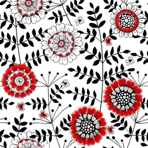 Various  doodle flowers and leaves in red and black