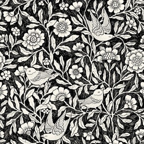 (M)BlockPrint-Garden of birds-Vintage Flower- Classic Floral-Victorian-Monochrome Black-White