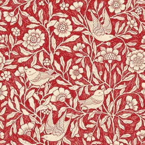 (M)BlockPrint-Garden of birds-Vintage Flower- Classic Floral-Victorian-Monochrome Red-Cream