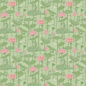 Frogs of Good Fortune & Lotus Flowers | Green & Pink | 12