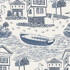 Blue Toile de Jouy Rustic Vintage Lake House with Boats Nautical  classic nursery kids room wallpaper