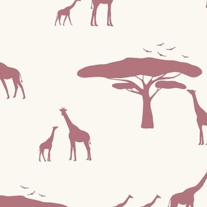 african safari_giraffe_trees_birds_beige_dusky pink_large