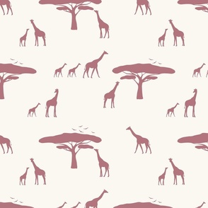 african safari_giraffe_trees_birds_beige_dusky pink_medium