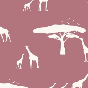 african safari_giraffe_trees_birds_dusky pink_beige_large