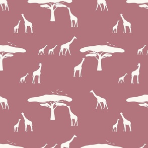 african safari_giraffe_trees_birds_dusky pink_beige_medium
