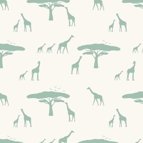 african safari_giraffe_trees_birds_beige_sage_medium