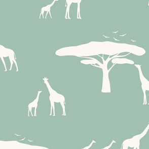 african safari_giraffe_trees_birds_sage_beige_large