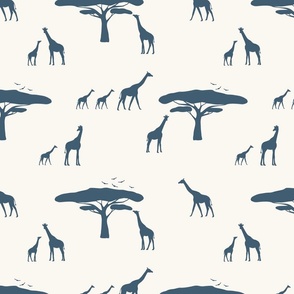 african safari_giraffe_trees_birds_blue_beige_medium