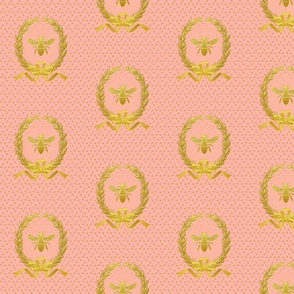 Faux Gold on Blush Pink Antique French Inspired Napoleonic Bee Laurel Wreath Rosebud Pattern by Sewell Graphic Arts