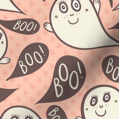 Happy-ghosts-with-dark-reddish-brown-boo-speech-bubbles-and-peach-pink-stars-on-kitschy-peach-pink-XL-jumbo