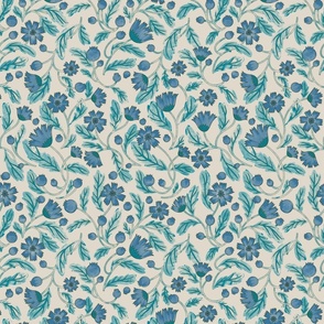 (s) FRENCHIE romantic historical-inspired intertwining trailing florals in teal, royal blue and linen off-white