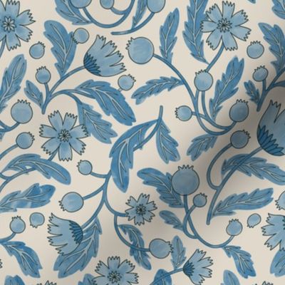 (s) FRENCHIE romantic historical-inspired intertwining trailing florals in Light Dusty Blue, Royal Blue, and Linen Off-White