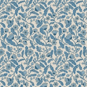 (s) FRENCHIE romantic historical-inspired intertwining trailing florals in Light Dusty Blue, Royal Blue, and Linen Off-White