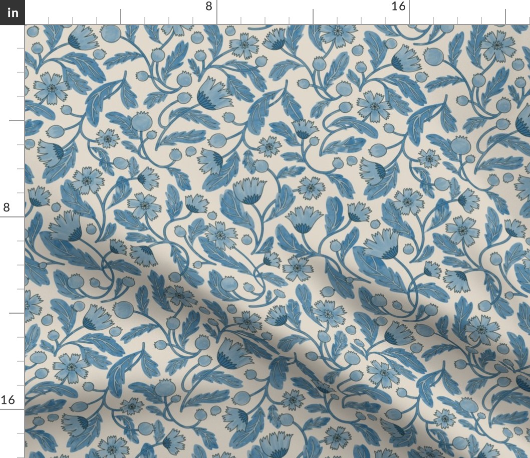 (s) FRENCHIE romantic historical-inspired intertwining trailing florals in Light Dusty Blue, Royal Blue, and Linen Off-White