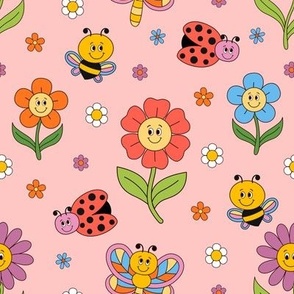  flower, bee,  ladybug, dragonfly  on a pink background