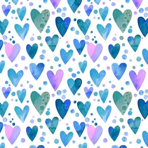 Watercolor hearts / blue, purple, green / medium