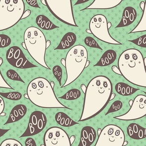 Happy-ghosts-with-dark-reddish-brown-boo-speech-bubbles-and-mint-green-stars-on-kitschy-peach-pink-XL-jumbo